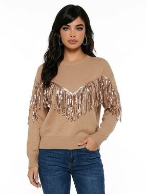 MERITT | NEW Tan Sweater with Gold Sequin Fringe Details Women’s Size Small